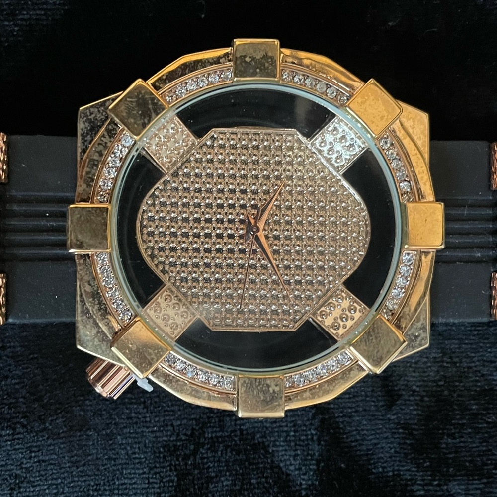 Gold Bezel Fully Iced Black Silicone Band Watch